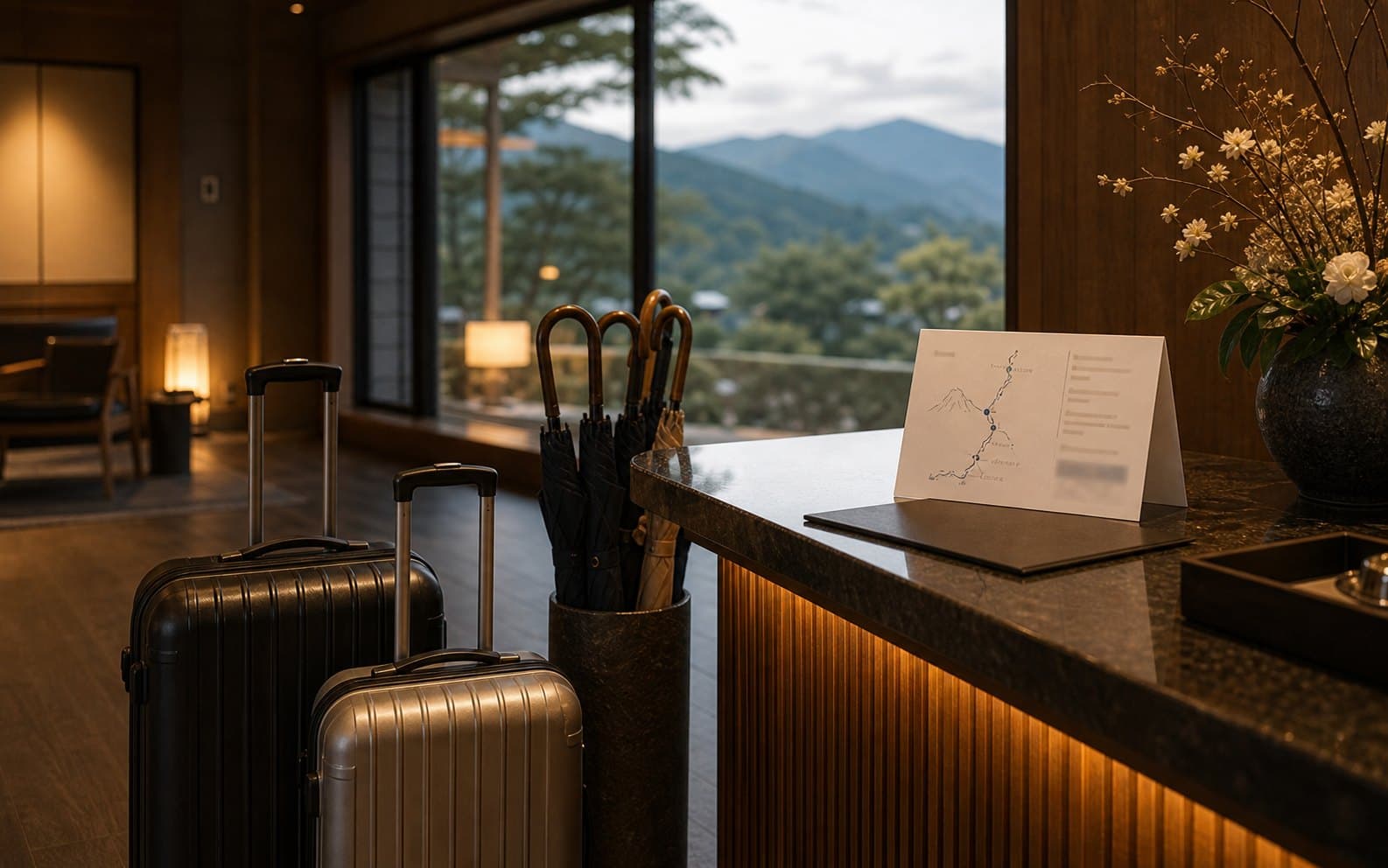 Hakone ryokan check-in support scene with luggage and route planning
