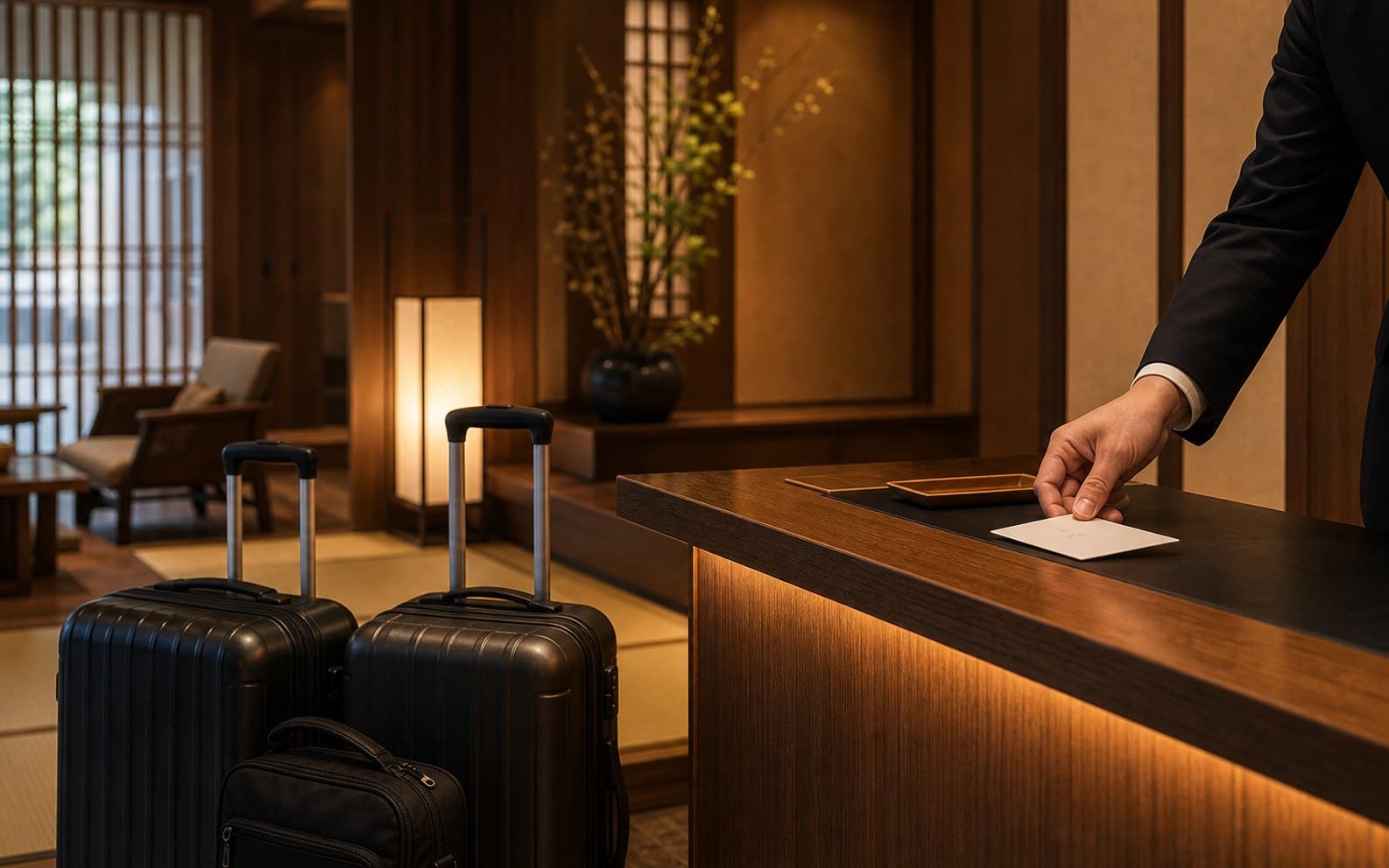 Kyoto ryokan check-in support scene with luggage