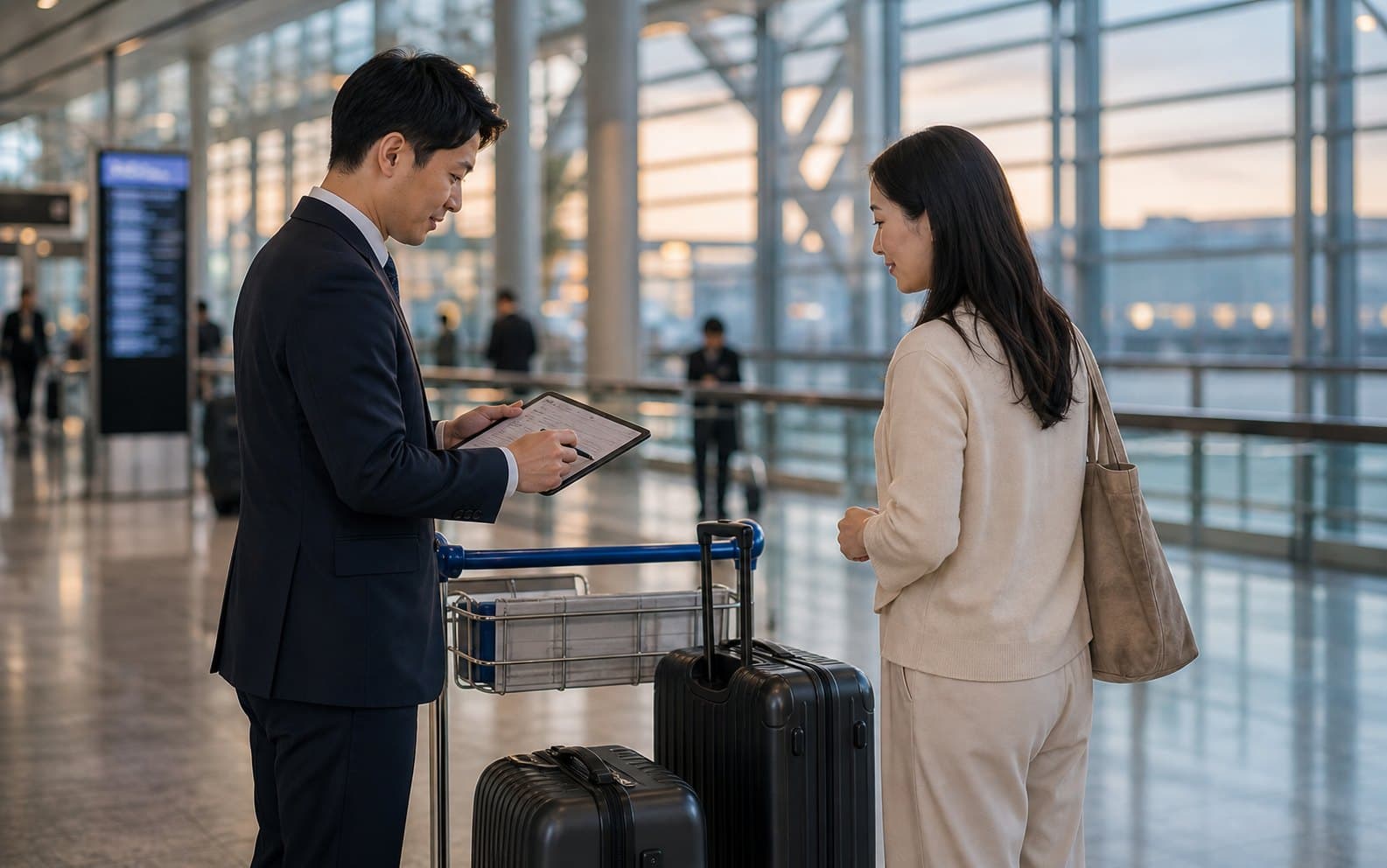 Kansai Airport arrival coordination scene with luggage cart