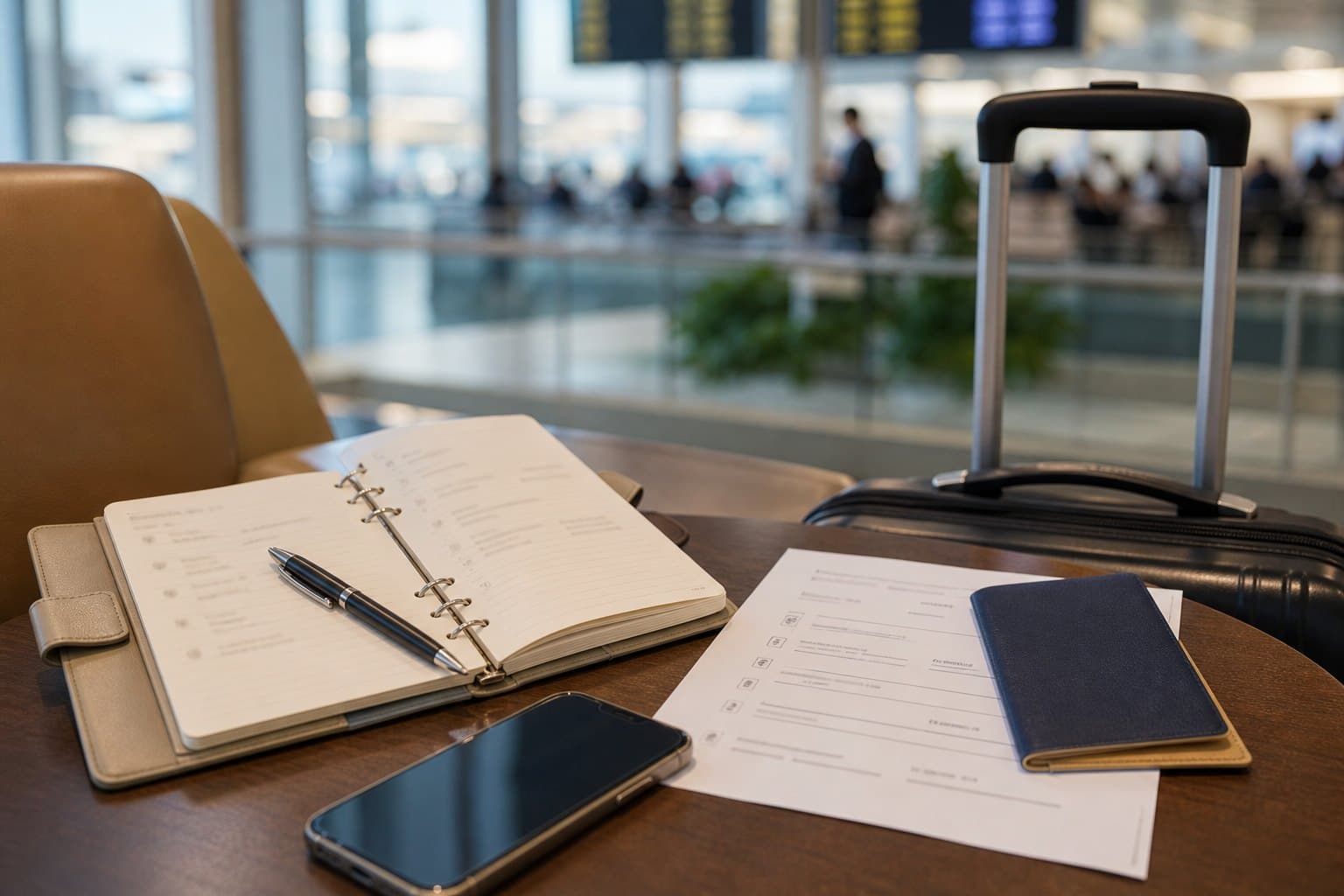 Airport transfer planning scene with luggage and travel documents